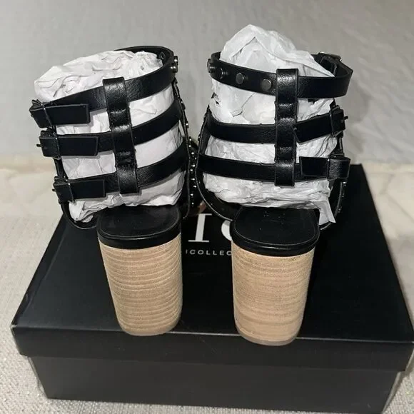 VICI 10 Celeste Black Metallic Studded Block Heel Strappy Multi Buckle Sandal - Picture 6 of 13